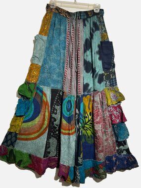 Nwt FUNKY STUFF patch boho hippie rayon pocket ruffle flared PANTS M/L